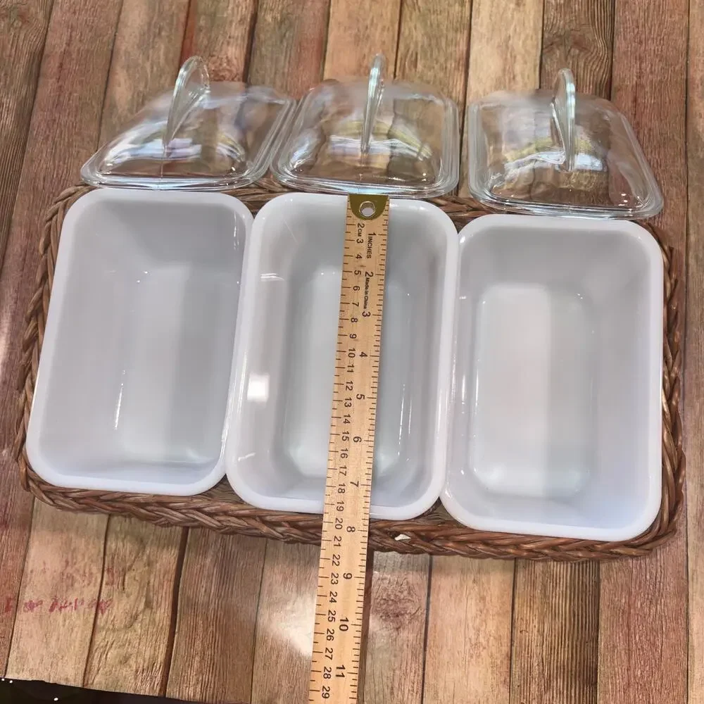 VNTG‎ Glasbake J-305 White Milk Glass Set 3 Covered Loaf Dishes Wicker Basket